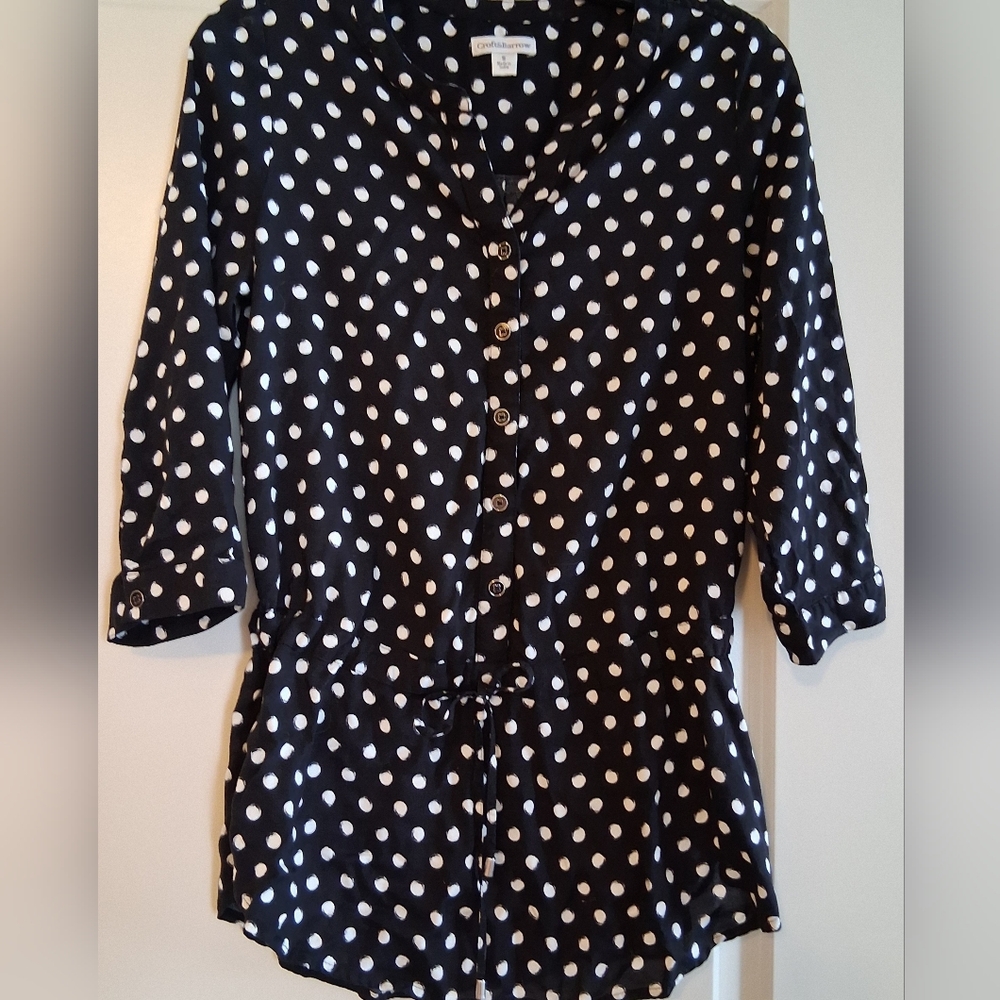 Croft & Barrow Women's 3/4 Sleeves Black & White Polka Dot Blouse Size Small